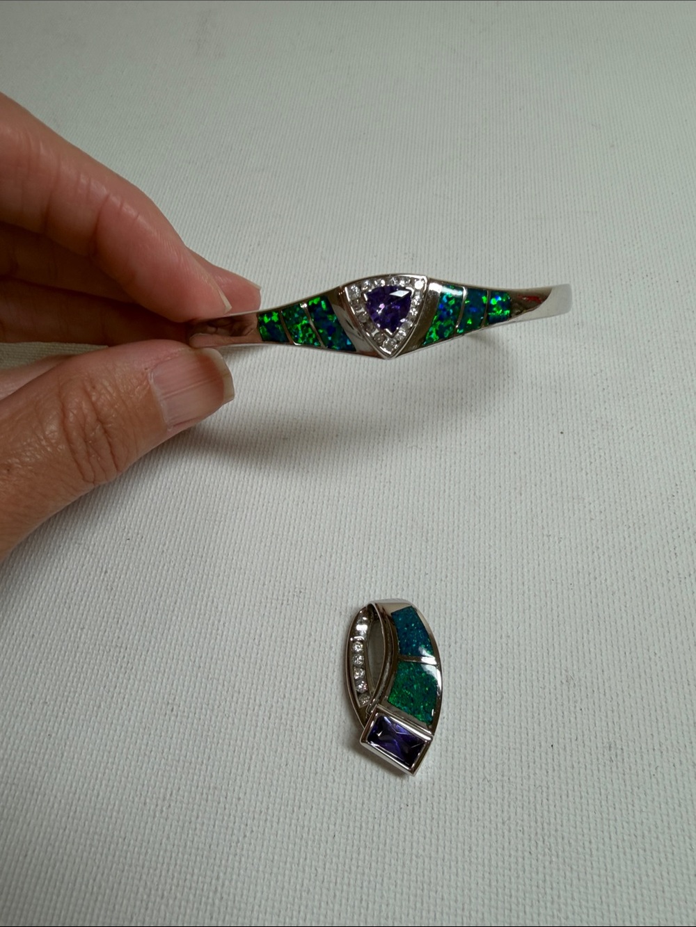 Sterling Silver amethyst, cz, and synthetic Opal Inlay Bracelet and Pendant Set
